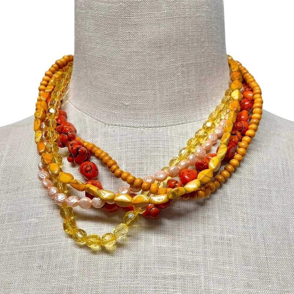 Vintage Beaded Multi Strand Adjustable Necklace Orange Yellow Red - Picture 4 of 5